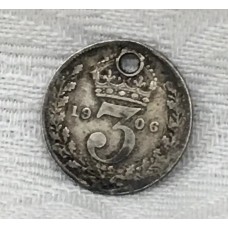 GREAT BRITAIN UK 1906 . THREEPENCE . HOLED